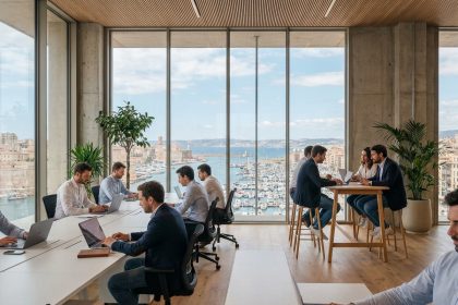 Bureau moderne à Marseille avec vue panoramique sur le Vieux-Port et la Méditerranée, professionnels en espace de coworking contemporain