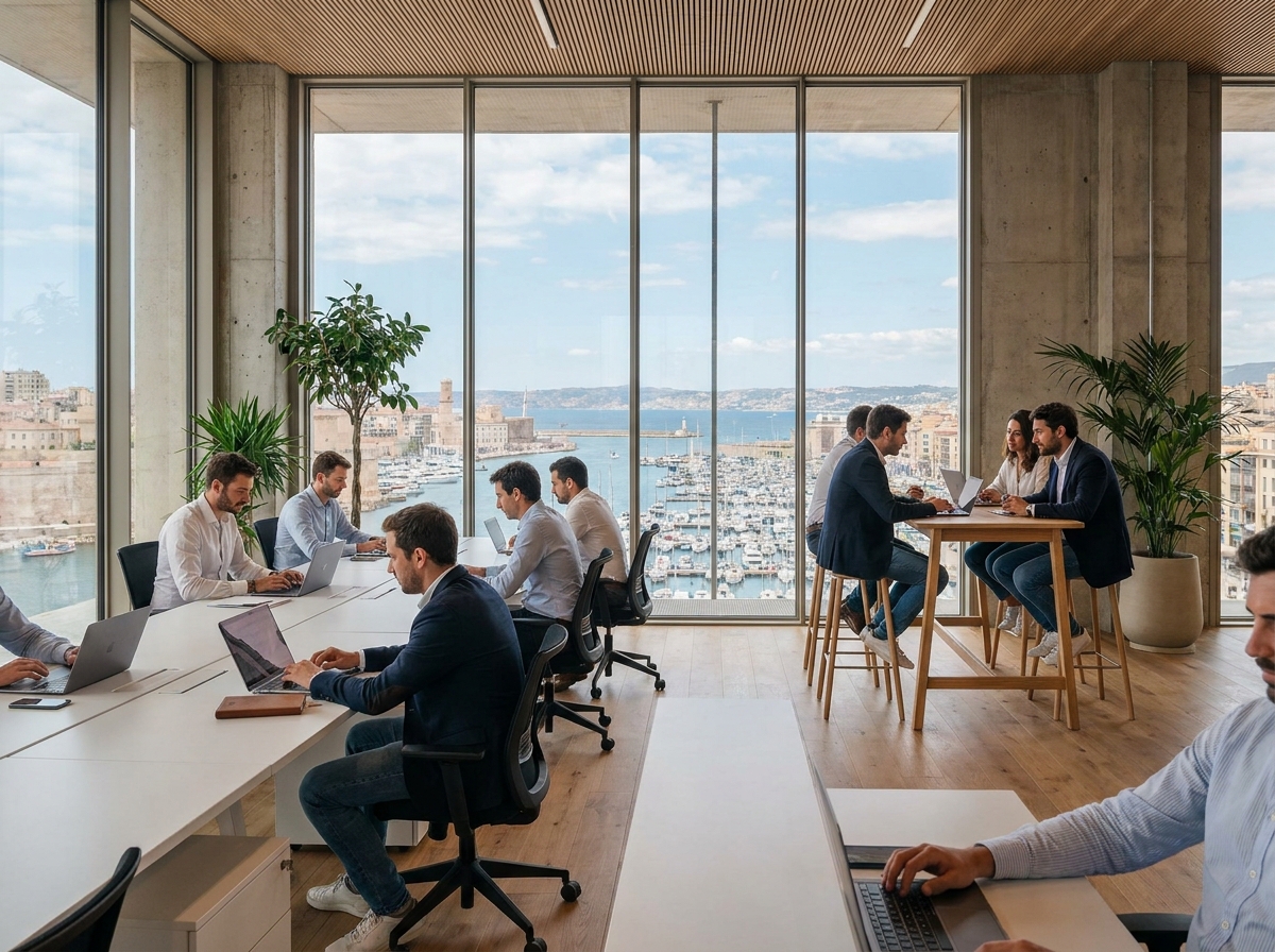 Bureau moderne à Marseille avec vue panoramique sur le Vieux-Port et la Méditerranée, professionnels en espace de coworking contemporain