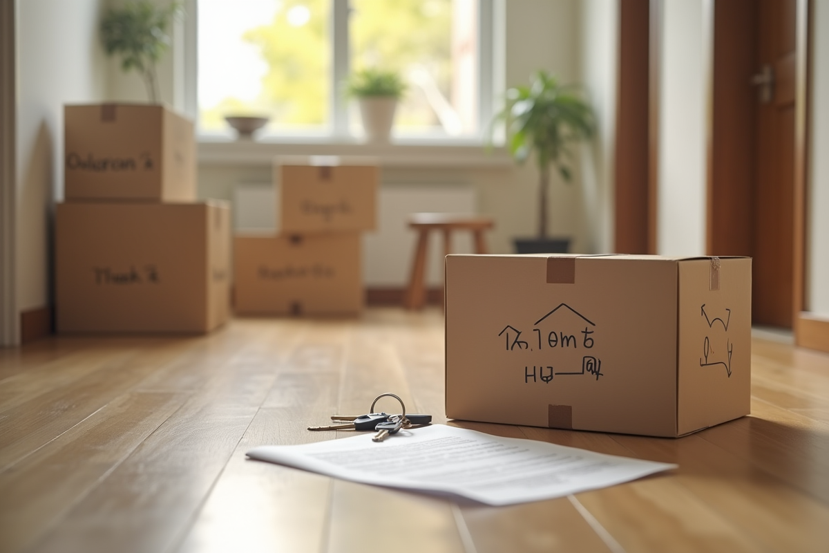 Caisses de déménagement étiquetées avec clés dans un appartement moderne