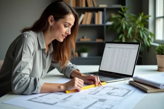 Femme calculant des surfaces en mètres carrés sur Google Sheets avec des plans imprimés et une règle sur son bureau