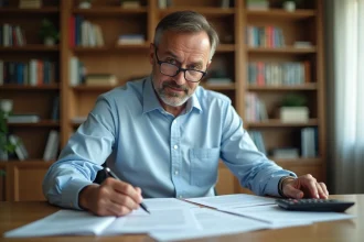 Homme consultant des documents de vente immobilière pour calculer sa plus-value imposable