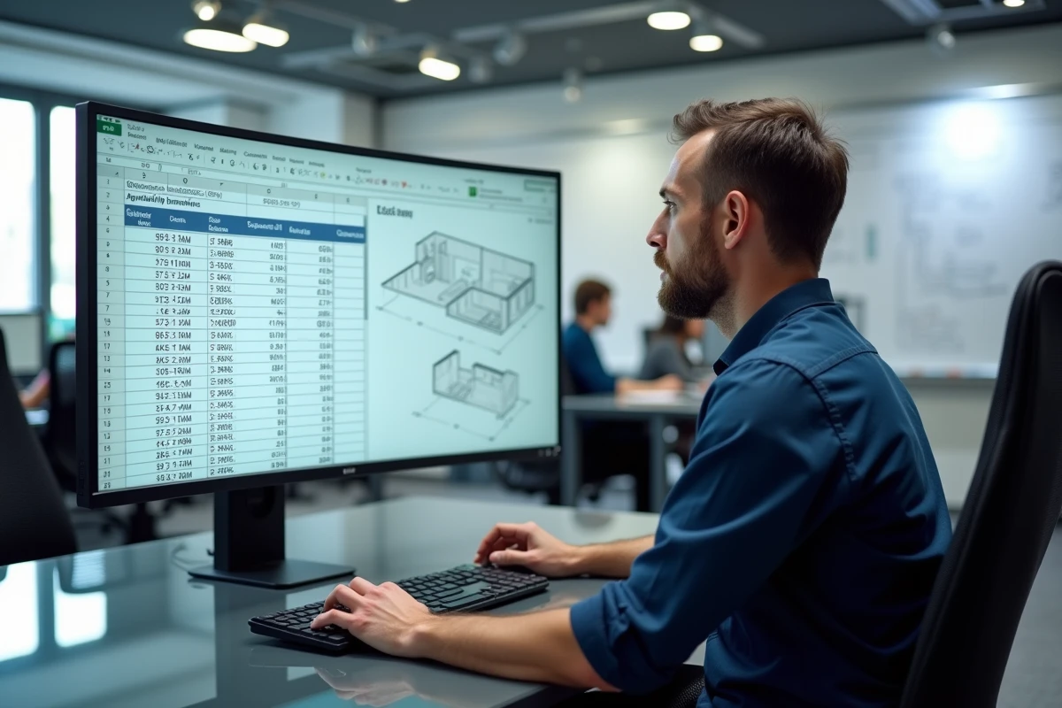 Homme utilisant Excel pour calculer des surfaces en mètres carrés dans un bureau en open space avec formules visibles
