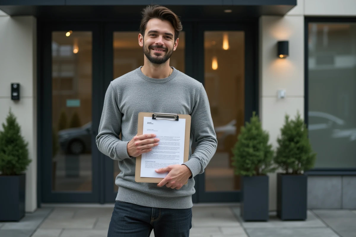 Candidat locataire tenant un dossier d'aide à la caution devant une résidence moderne