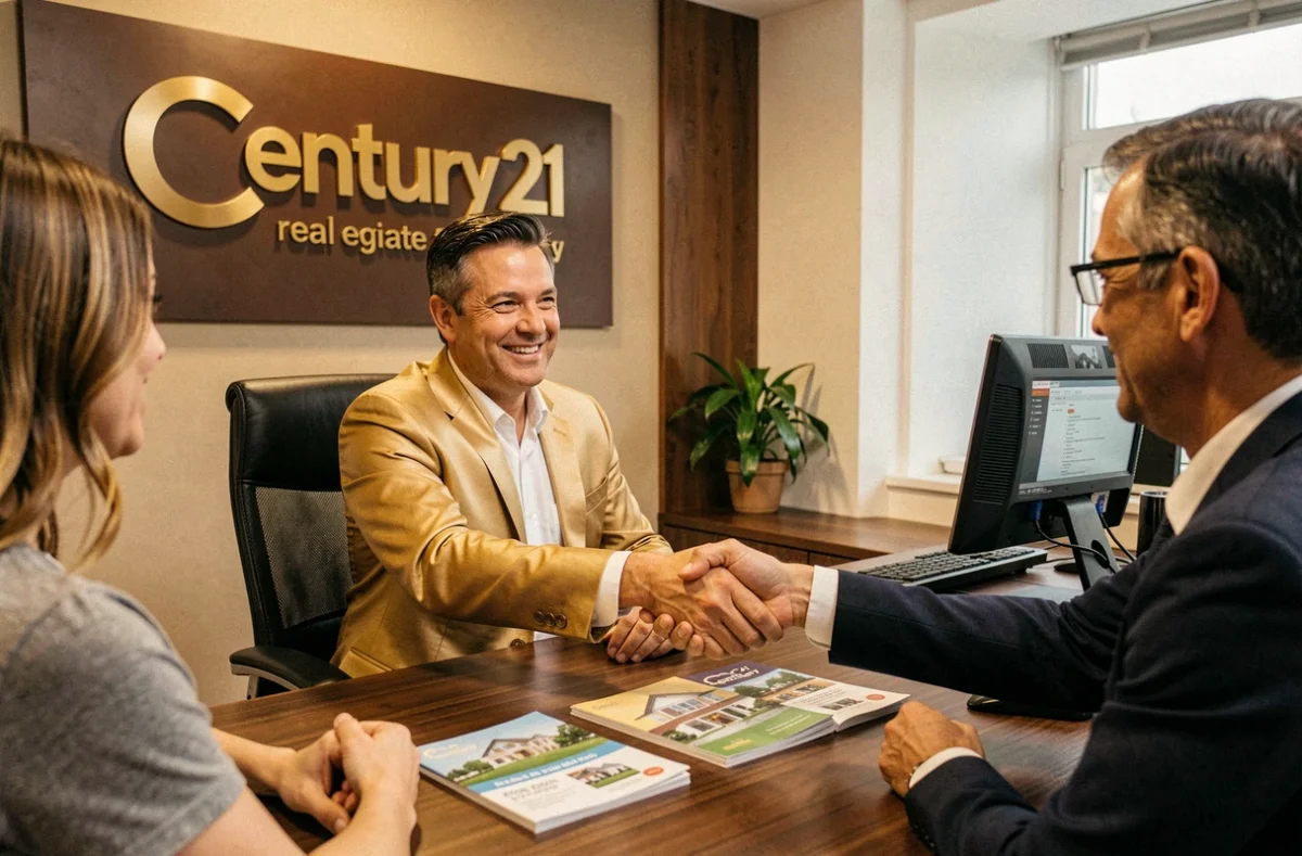 Agent Century 21 en veste dorée serrant la main de clients dans une agence immobilière du Var