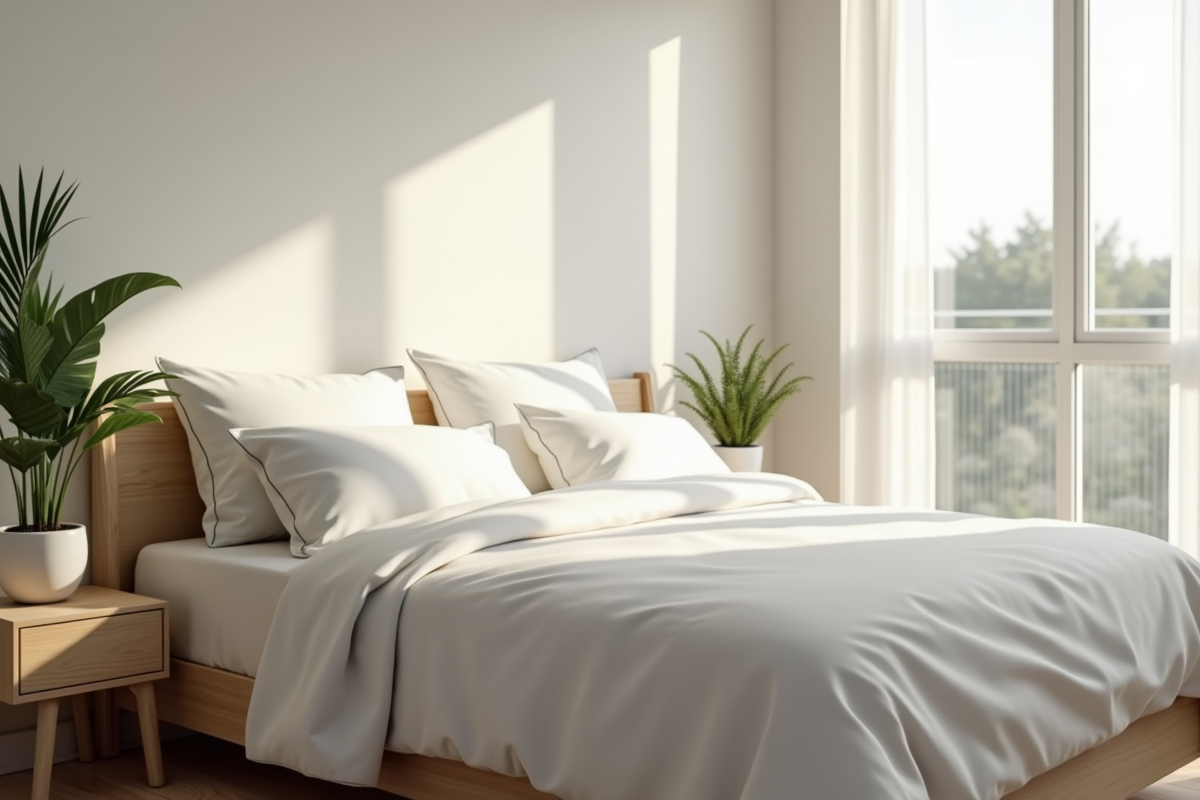 Chambre d'appartement moderne lumineuse avec lit fait et décoration minimaliste