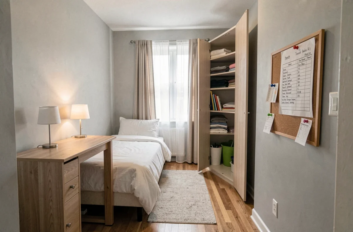 Chambre meublée dans une colocation avec une liste d'inventaire du mobilier affichée sur un tableau de liège