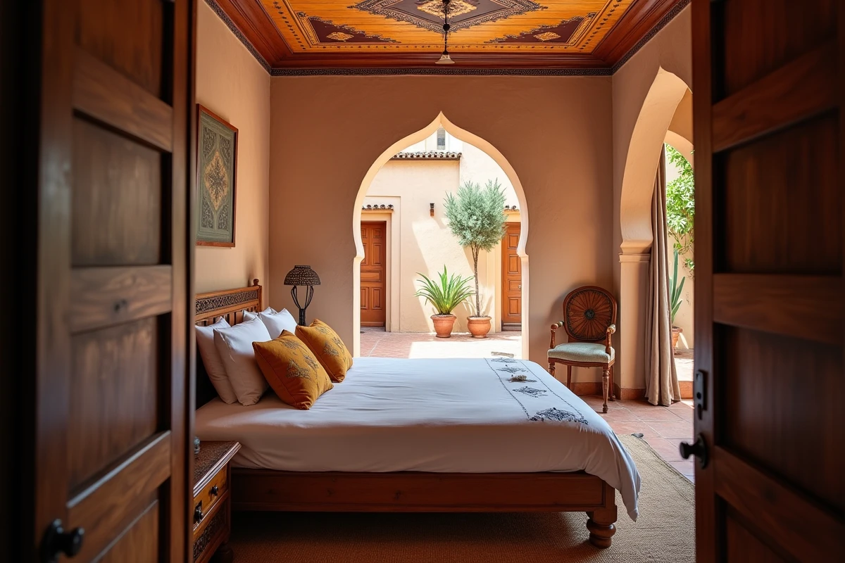 Chambre authentique d'un riad rénové à Marrakech avec lit en cèdre sculpté, plafond peint et arche en stuc ouvrant sur une cour intérieure