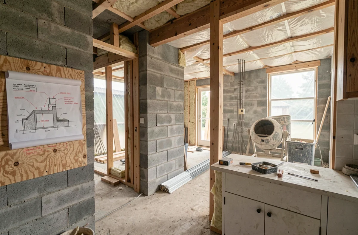 Chantier d'extension de maison avec plan de coupe affiché sur un panneau en bois au milieu des travaux de construction