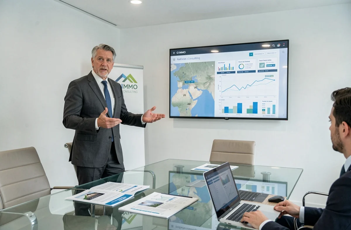 Consultant de CI IMMO Consulting présentant des données immobilières sur un écran dans une salle de réunion moderne
