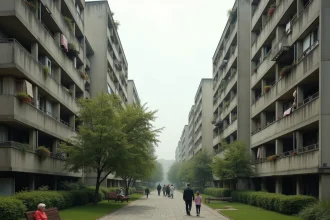 Vue panoramique de la Cité Pablo Picasso, grand ensemble d'habitat social des années 1970 avec tours en béton et esplanade piétonne arborée à Nanterre