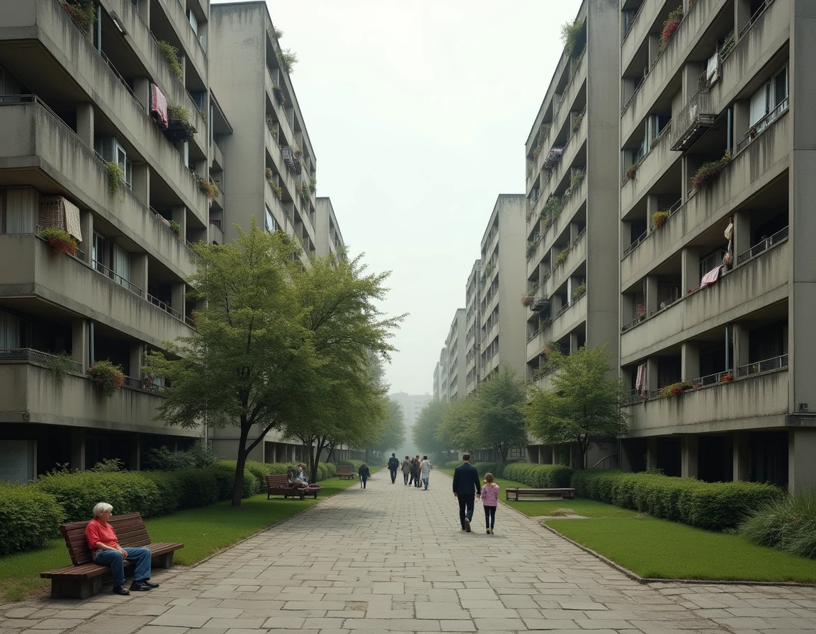 Vue panoramique de la Cité Pablo Picasso, grand ensemble d'habitat social des années 1970 avec tours en béton et esplanade piétonne arborée à Nanterre