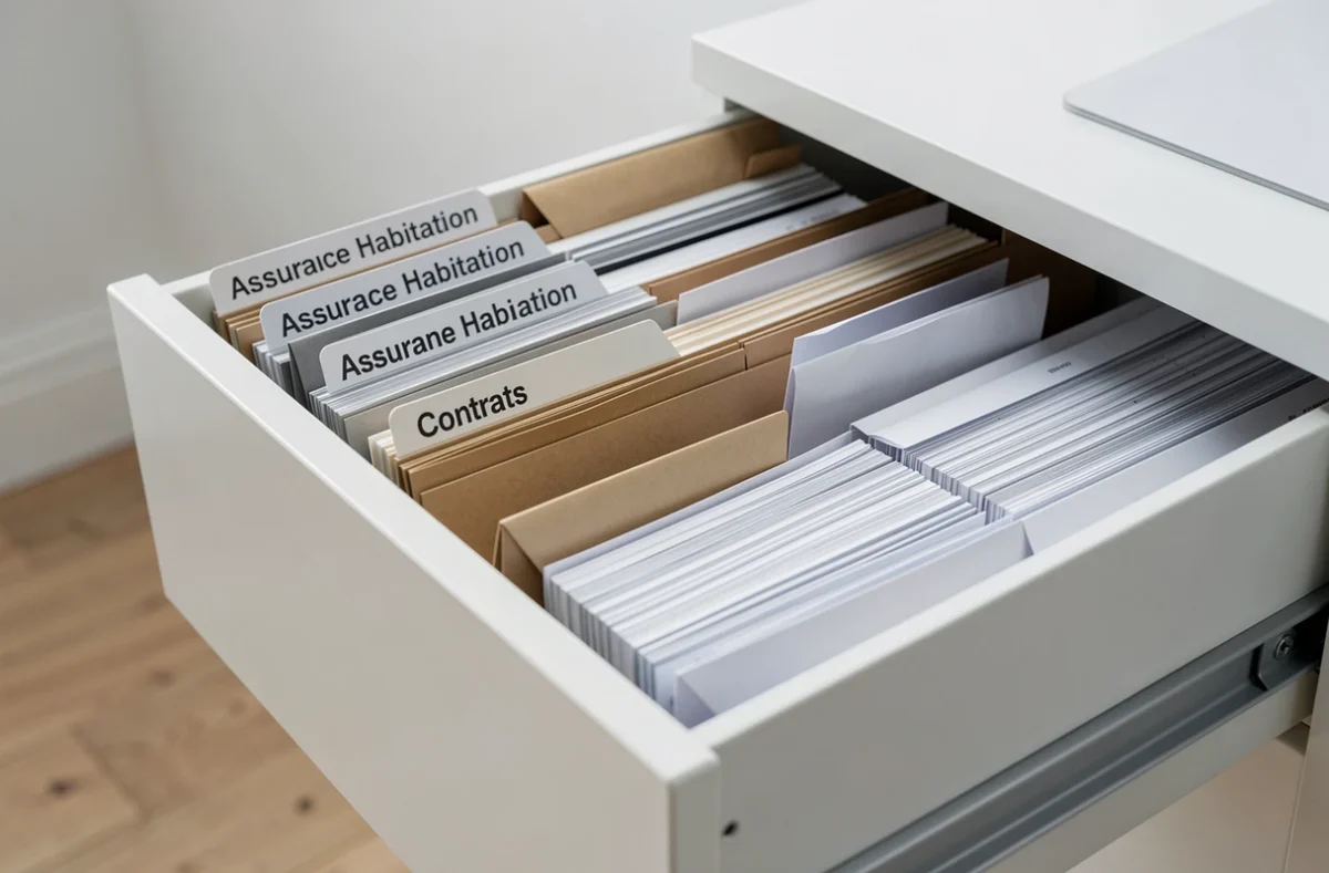 Classeur de rangement avec dossiers d'assurance habitation bien organisés