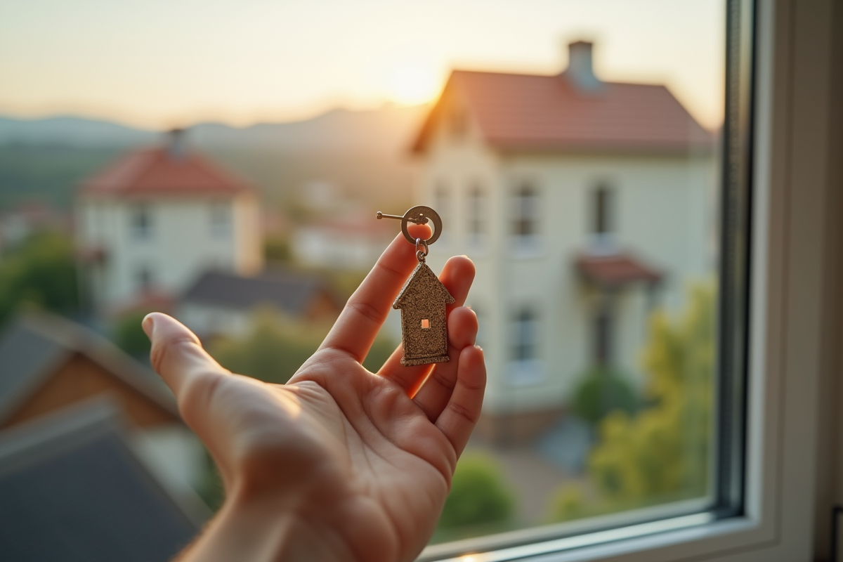 Main tenant une clé en forme de maison devant une fenêtre ensoleillée