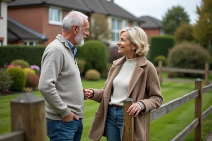 Couple discutant pr&egrave;s d'une cl&ocirc;ture en bois dans un jardin r&eacute;sidentiel