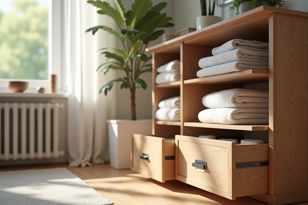 Coin salon moderne avec meuble en bois et rangement organisé