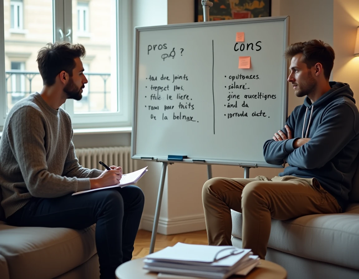Deux hommes comparant les avantages du bail solidaire et des baux individuels en colocation
