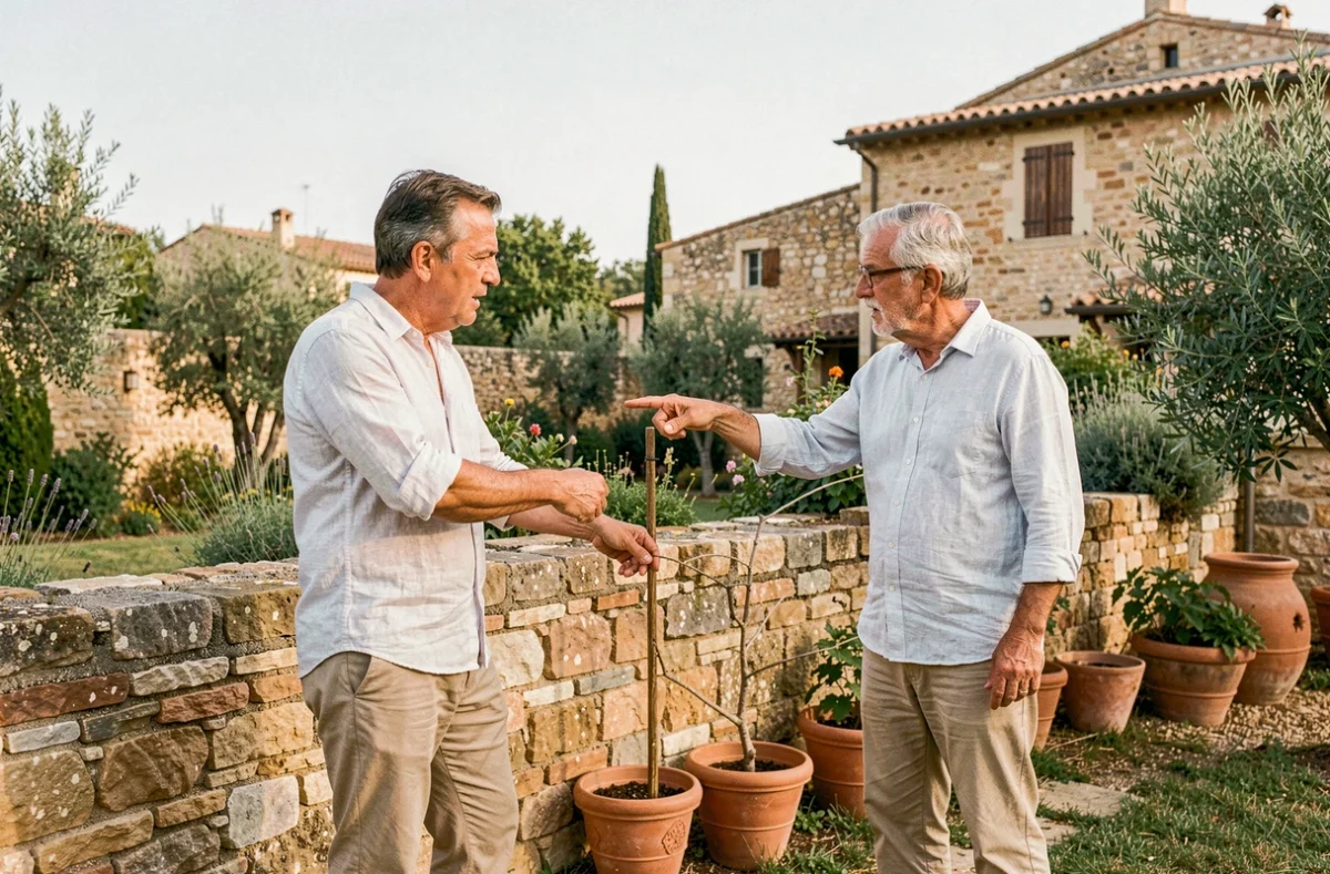 Deux voisins en conflit devant un mur mitoyen dans un jardin provençal à Avignon
