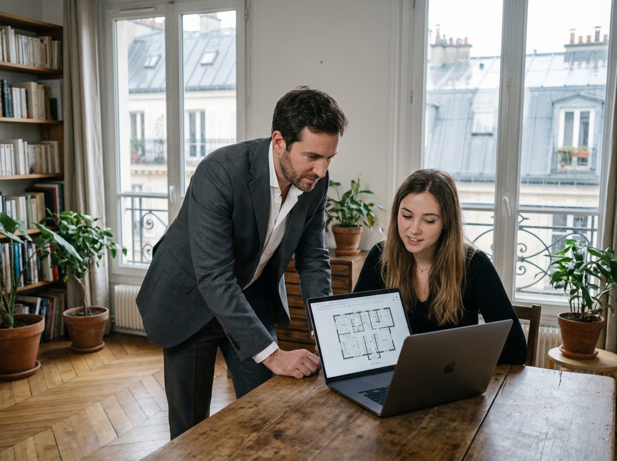 Conseiller immobilier et cliente analysant un plan d'appartement parisien sur ordinateur