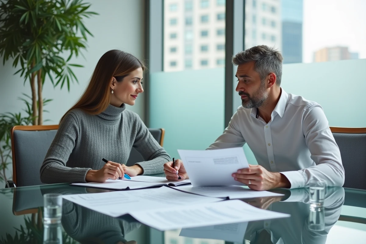 Conseiller en assurance et propriétaire bailleur examinant ensemble les clauses d'une assurance PNO pour copropriété