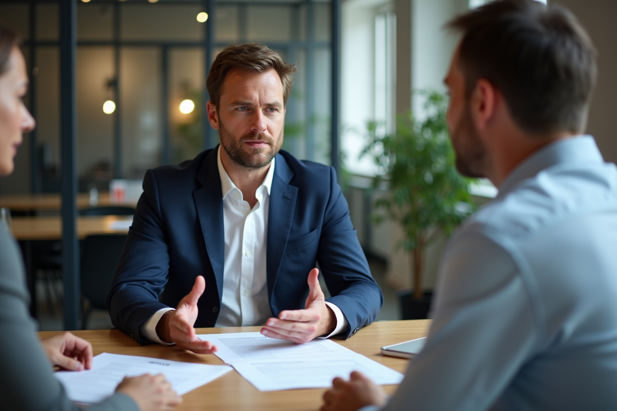Conseiller assurance en discussion avec un couple dans un bureau moderne
