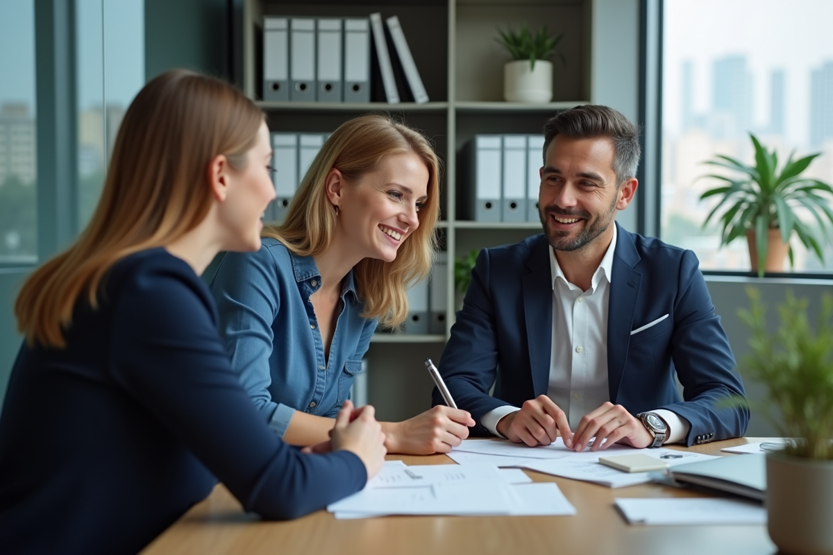 Conseillère en prêt immobilier discutant avec un couple dans un bureau