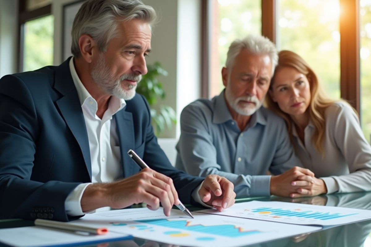 Conseiller financier avec un couple analysant des graphiques d'investissement