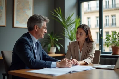 Conseiller immobilier Orpi discutant des frais et services d'investissement avec un client dans une agence parisienne