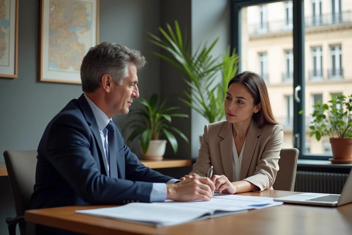 Conseiller immobilier Orpi discutant des frais et services d'investissement avec un client dans une agence parisienne