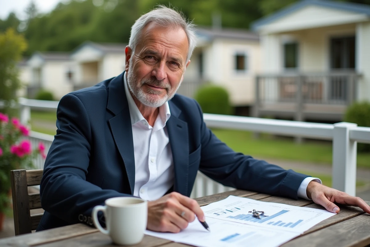 Conseiller immobilier présentant un tableau de rentabilité d'une parcelle PRL sur une terrasse de mobil-home