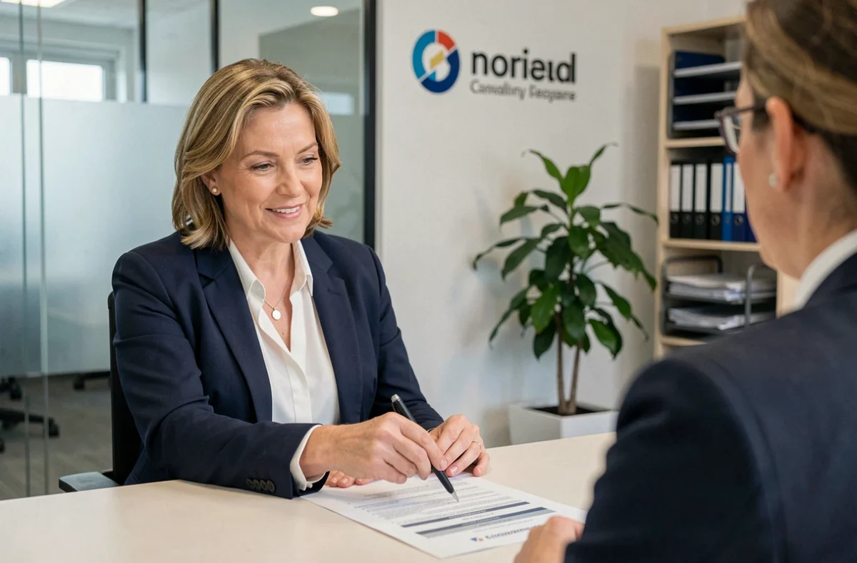 Conseillère en assurance présentant des garanties logement avantageuses à un client dans une agence