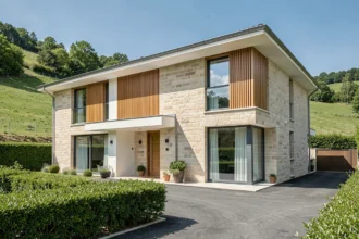 Maison individuelle neuve construite dans l'Ain avec facade en pierre et panneaux bois, entourée d'un jardin soigné dans la campagne bressane