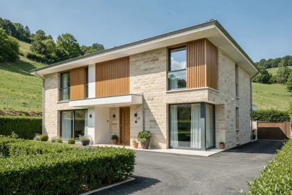 Maison individuelle neuve construite dans l'Ain avec facade en pierre et panneaux bois, entourée d'un jardin soigné dans la campagne bressane