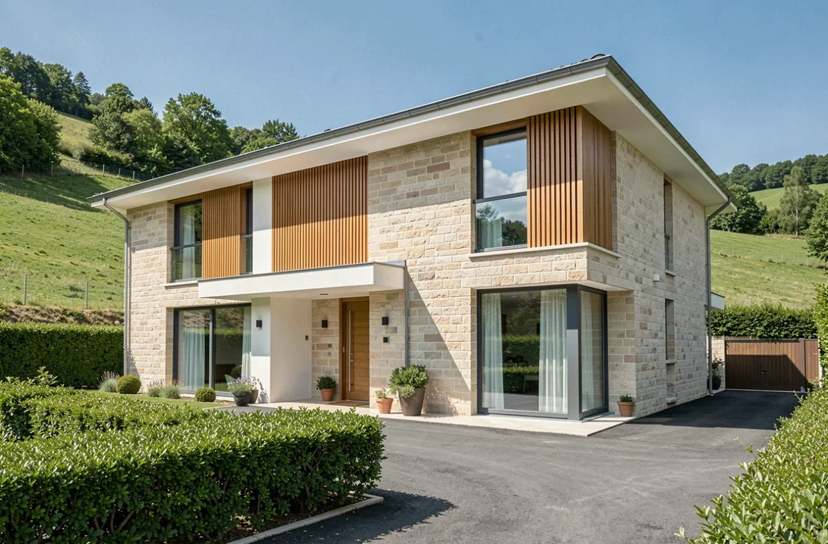 Maison individuelle neuve construite dans l'Ain avec facade en pierre et panneaux bois, entourée d'un jardin soigné dans la campagne bressane