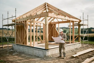 Maison à ossature bois en cours de construction avec charpente apparente et ouvrier consultant des plans