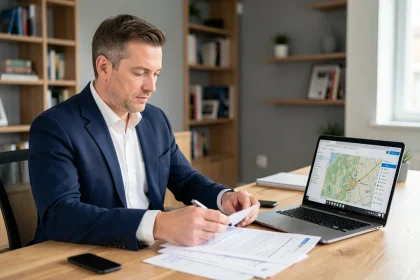 Consultant immobilier analysant des documents cadastraux et registres fonciers pour identifier le propriétaire d'une maison à racheter