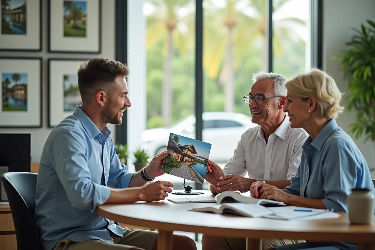 Un couple européen en consultation avec un agent immobilier thaïlandais pour financer l'achat d'une villa à Koh Samui