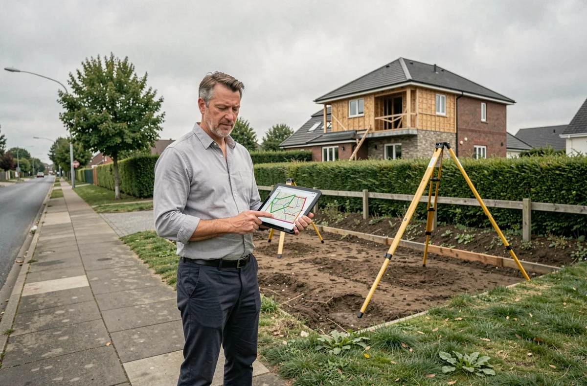 Homme consultant le géoportail sur tablette devant un terrain à bâtir pour vérifier les contraintes d'urbanisme
