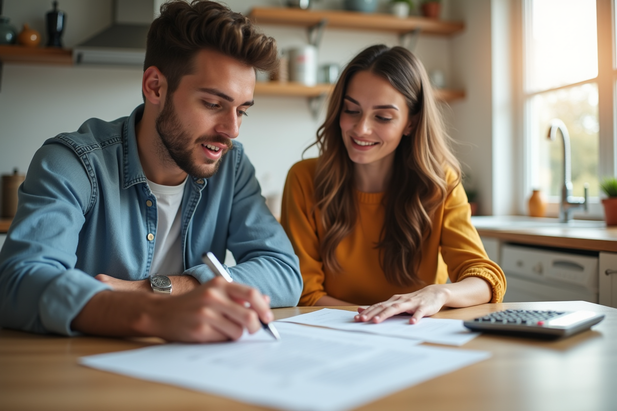 Jeune couple examinant un contrat de location dans une cuisine lumineuse