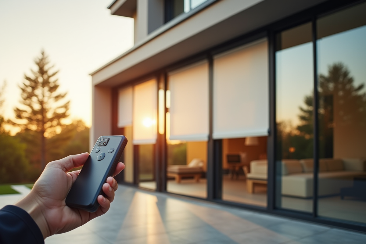 Maison moderne avec volets roulants contrôlés à distance en plein jour
