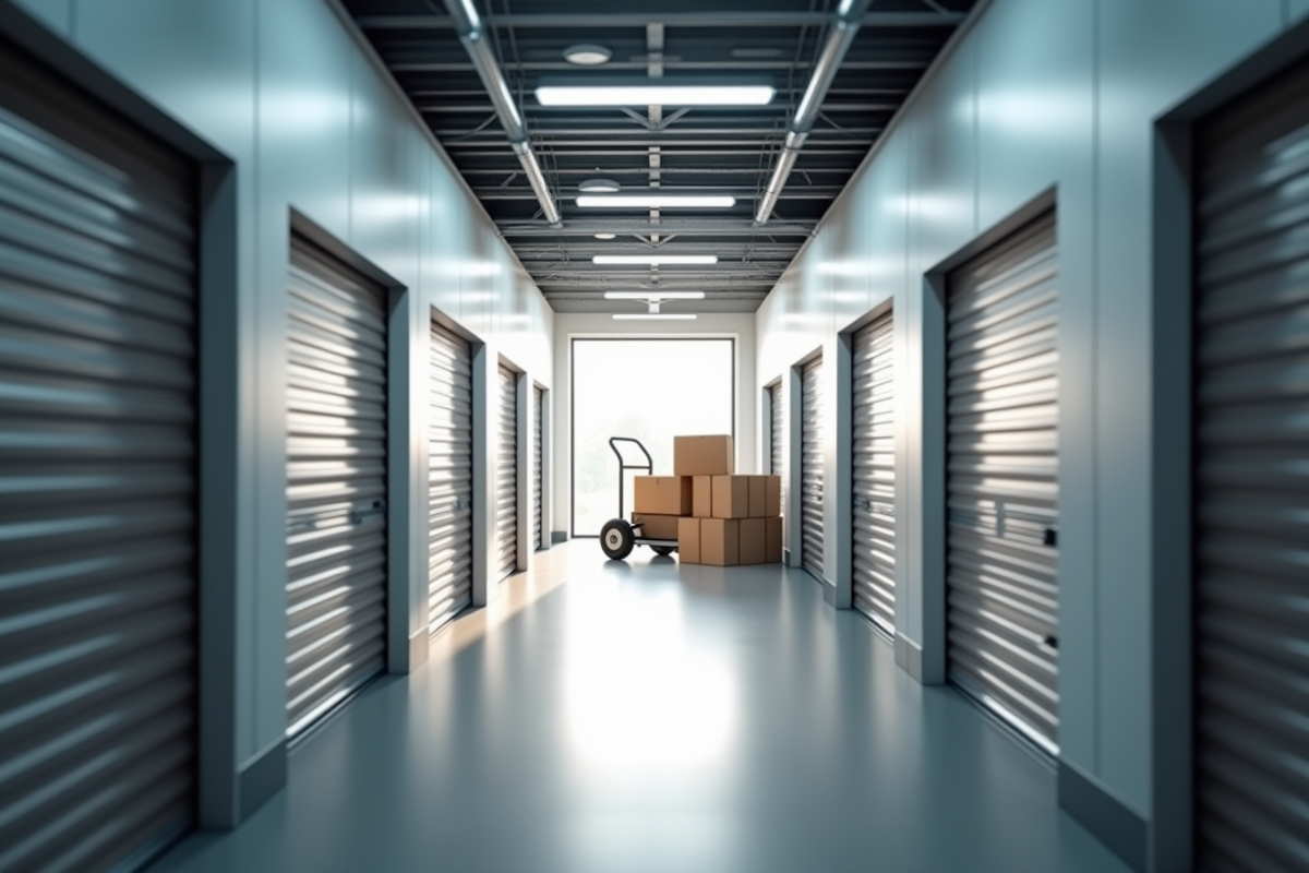 Couloir lumineux d'un centre de stockage moderne avec portes propres
