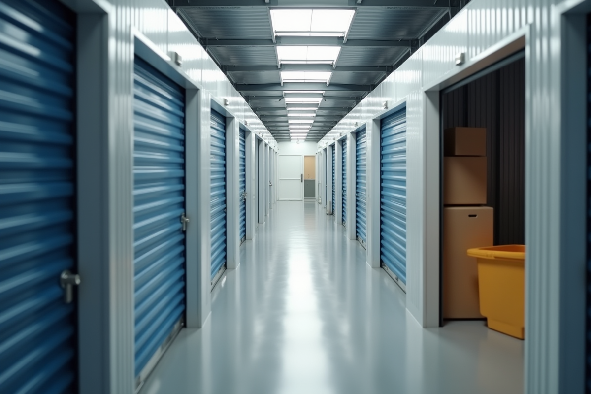 Couloir d'un selfstorage moderne avec portes ouvertes et lumière naturelle