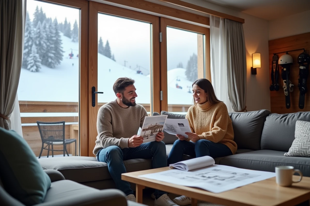 Couple examinant des plans d'appartement avec vue sur les pistes de ski aux Menuires