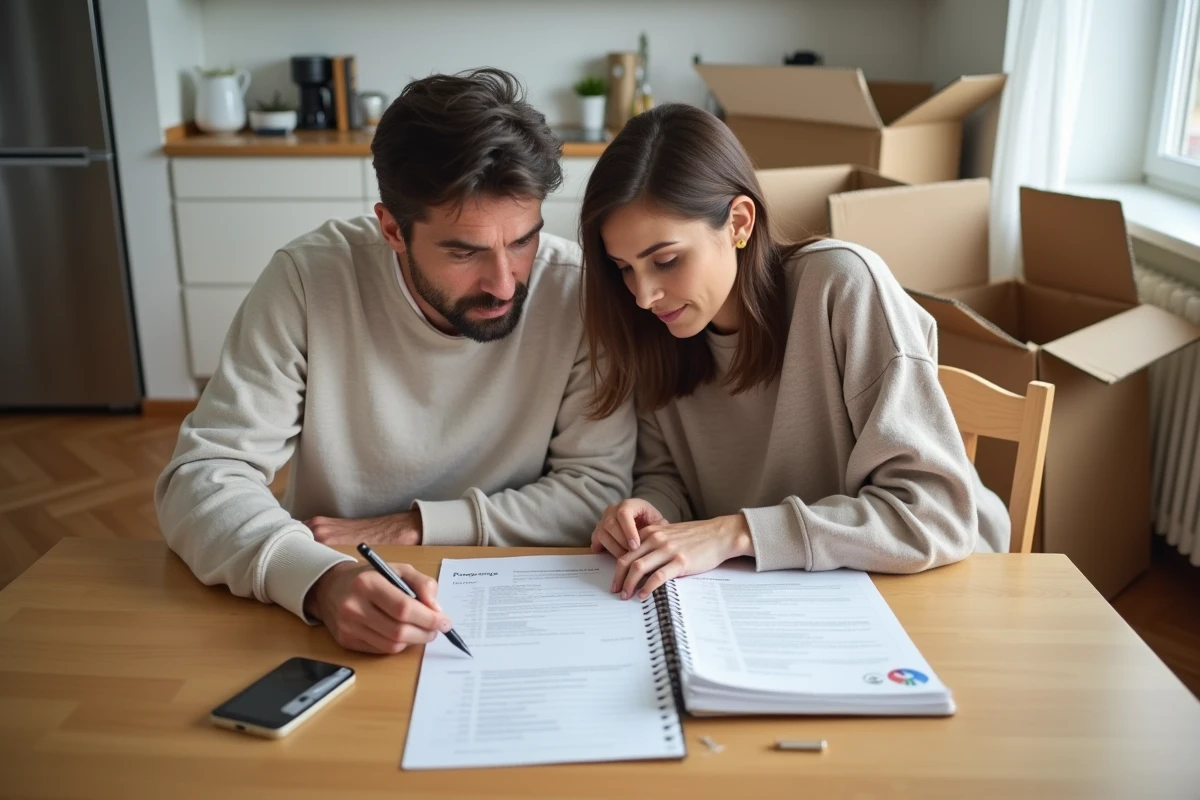 Couple de propriétaires examinant des documents d'assurance habitation après l'achat d'une maison construite par un particulier