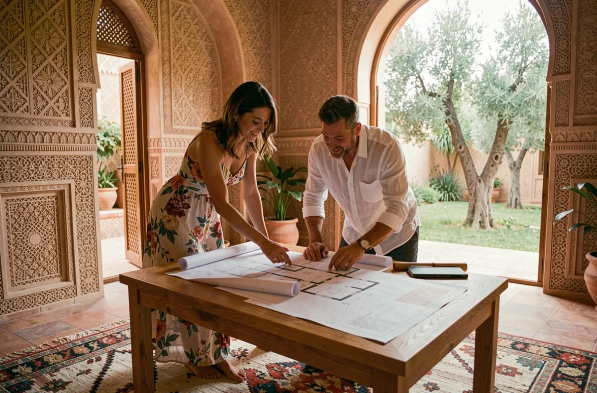 Couple étudiant les plans d'une villa à vendre à Marrakech dans un salon décoré en style marocain traditionnel