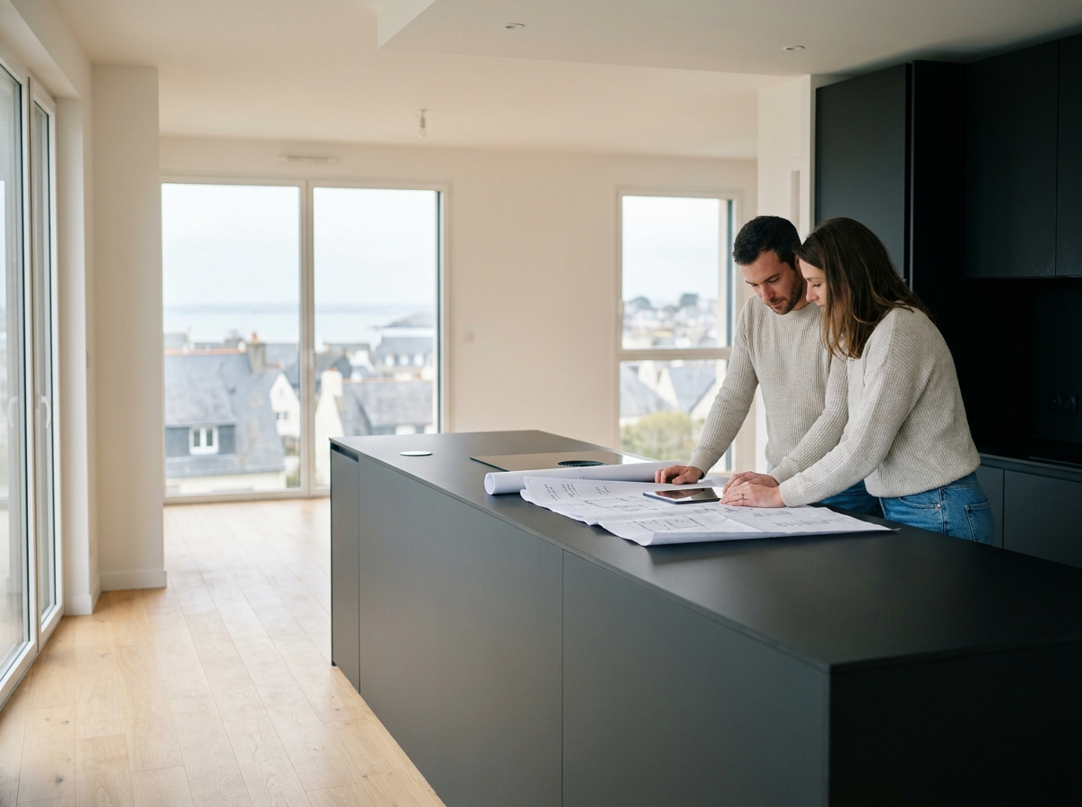 Couple examinant des plans dans un appartement neuf en Bretagne, symbolisant l'achat immobilier dans le neuf en région bretonne