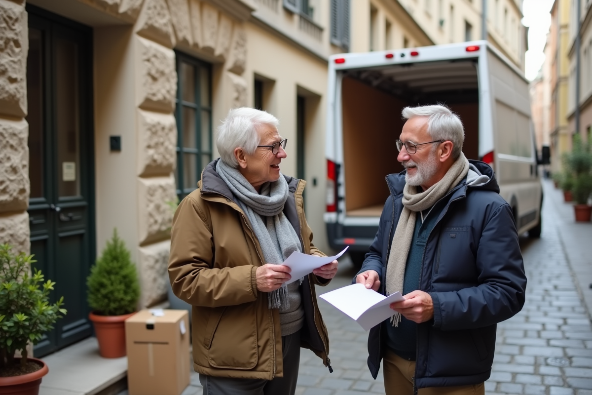 Vieux couple discutant devant un camion de déménagement en ville