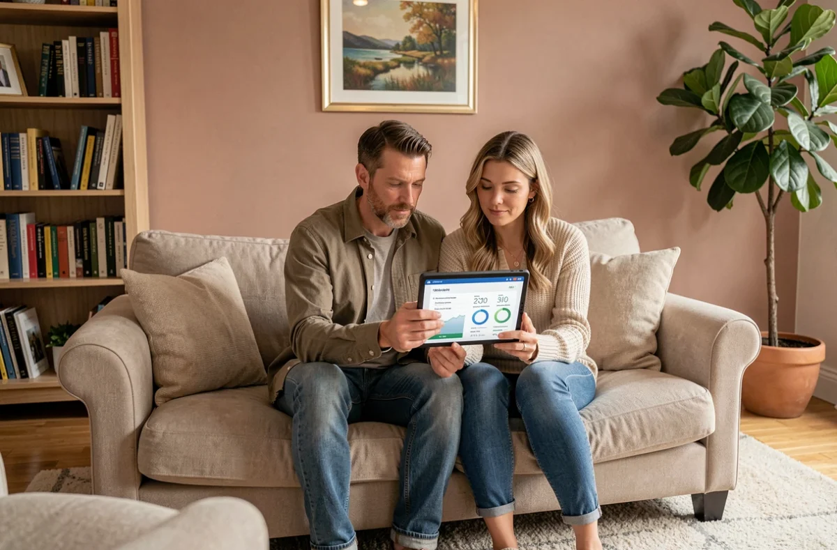 Couple consultant des offres d'assurance habitation sur une tablette dans leur salon