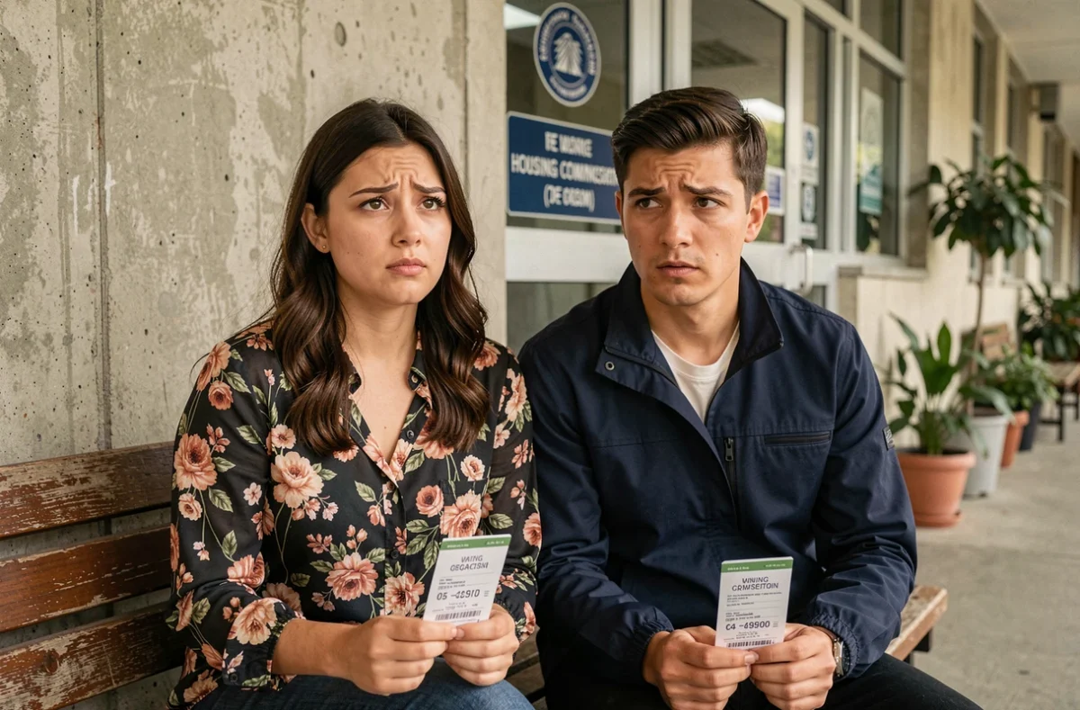 Jeune couple attendant devant une commission de logement HLM avec des tickets numérotés à la main