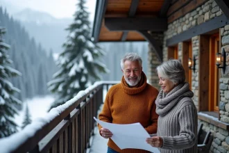 Couple examinant les plans d'un chalet à vendre à Avoriaz sur une terrasse enneigée en bois