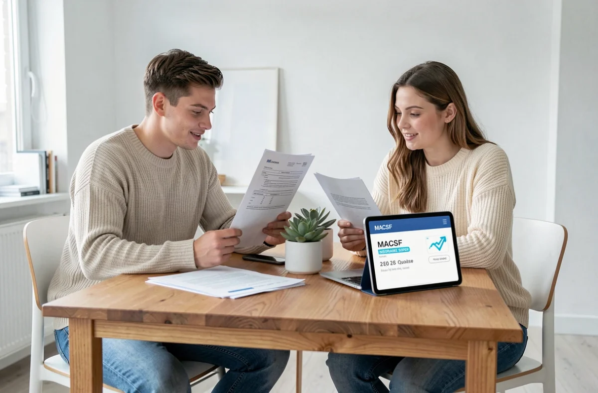 Couple comparant des documents et un devis assurance habitation MACSF sur tablette à domicile